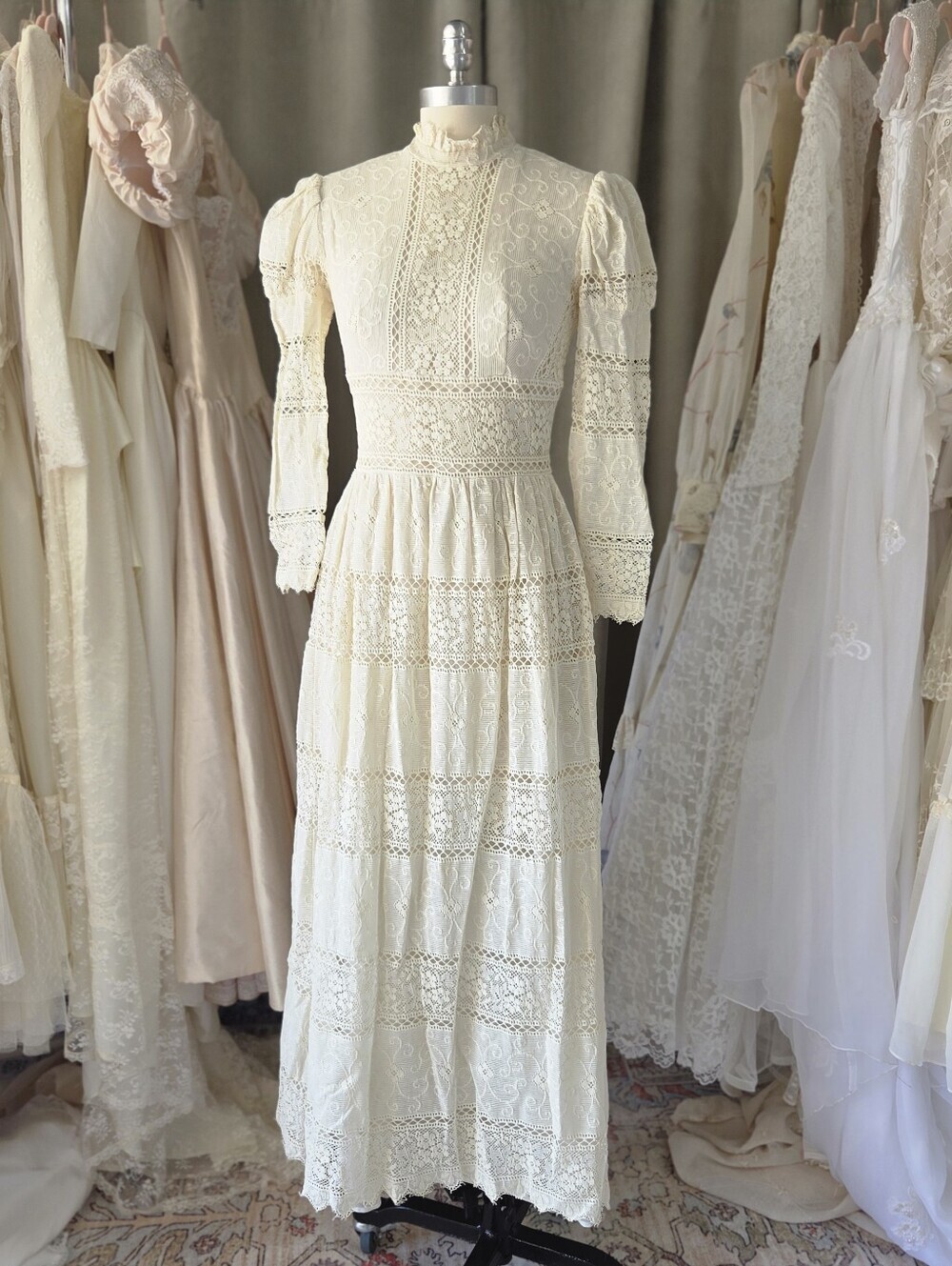Lanz Prairie Wedding Dress Size S Lace Puff Sleeves Vintage 70s Ivory Edwardian